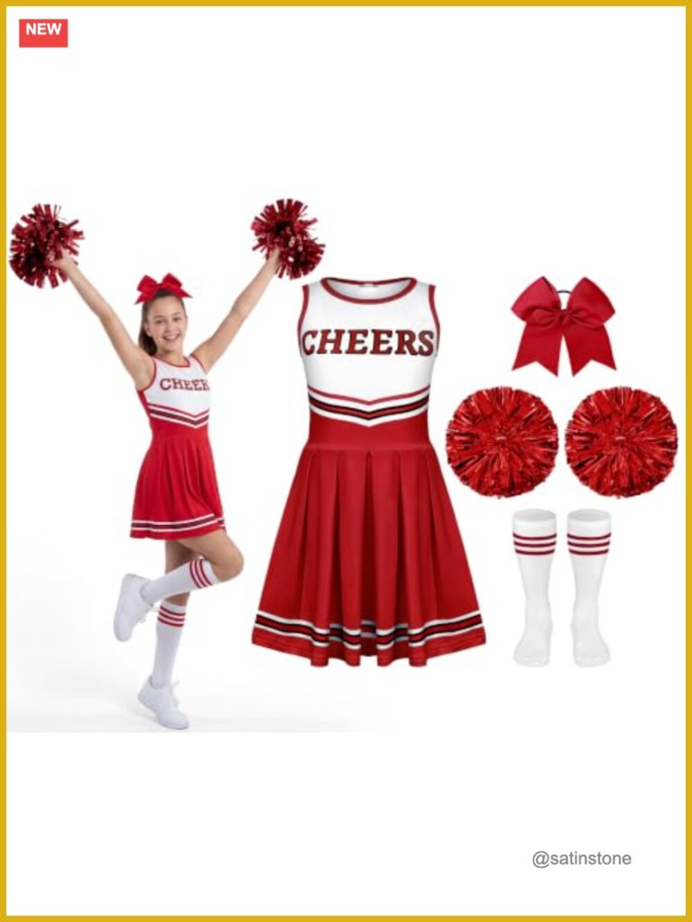 Girls Cheerleader Costume Set 4 Pc Dress Pom Poms Socks Hairband